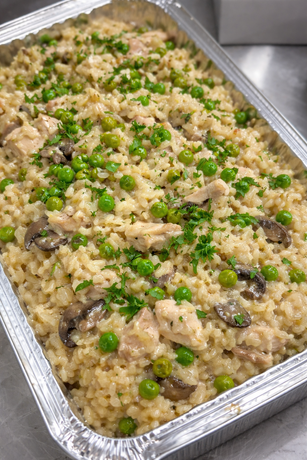 Chicken, pea and mushroom risotto