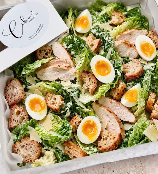 Cibo Chicken Caesar Salad in white catering box