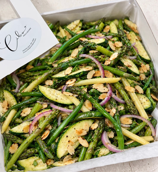 Green bean, asparagus and zucchini salad with toasted almonds in Cibo catering box