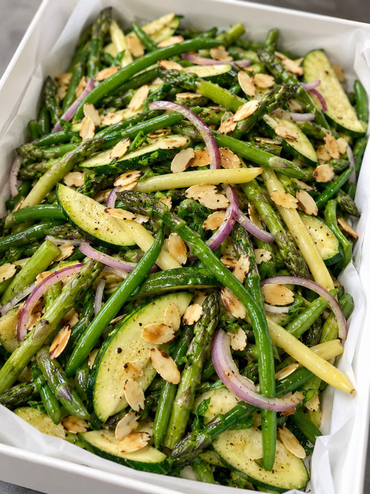 Green bean and asparagus salad with zucchini, shallots and toasted almonds