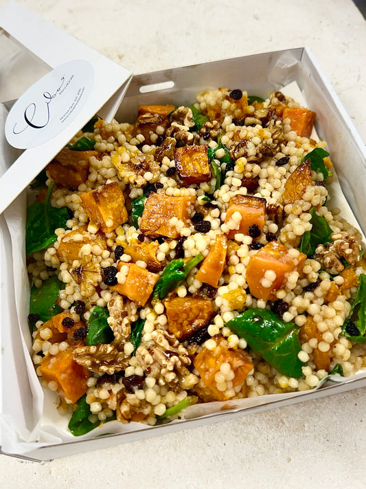 Roast pumpkin and pearl couscous salad in Cibo white catering box
