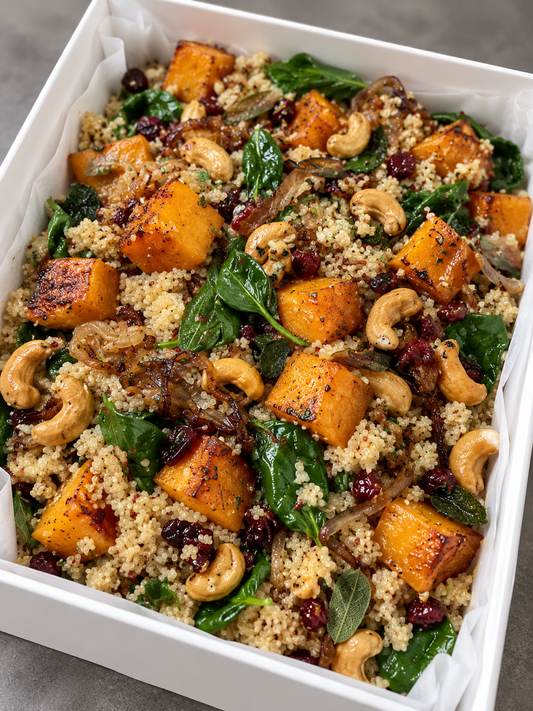 Roast pumpkin and spinach salad in a white catering tray