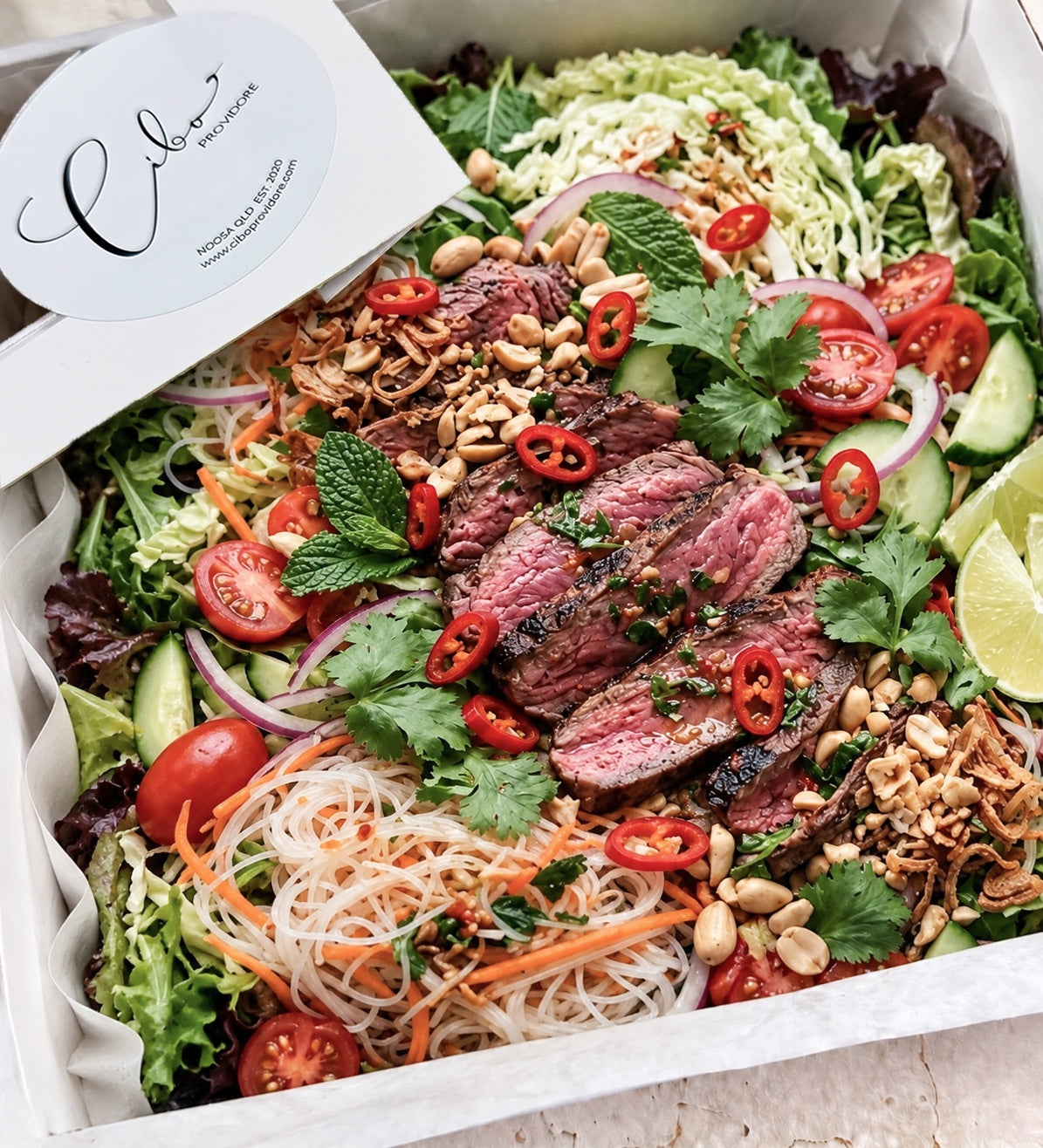 Thai beef salad in Cibo signature white catering box